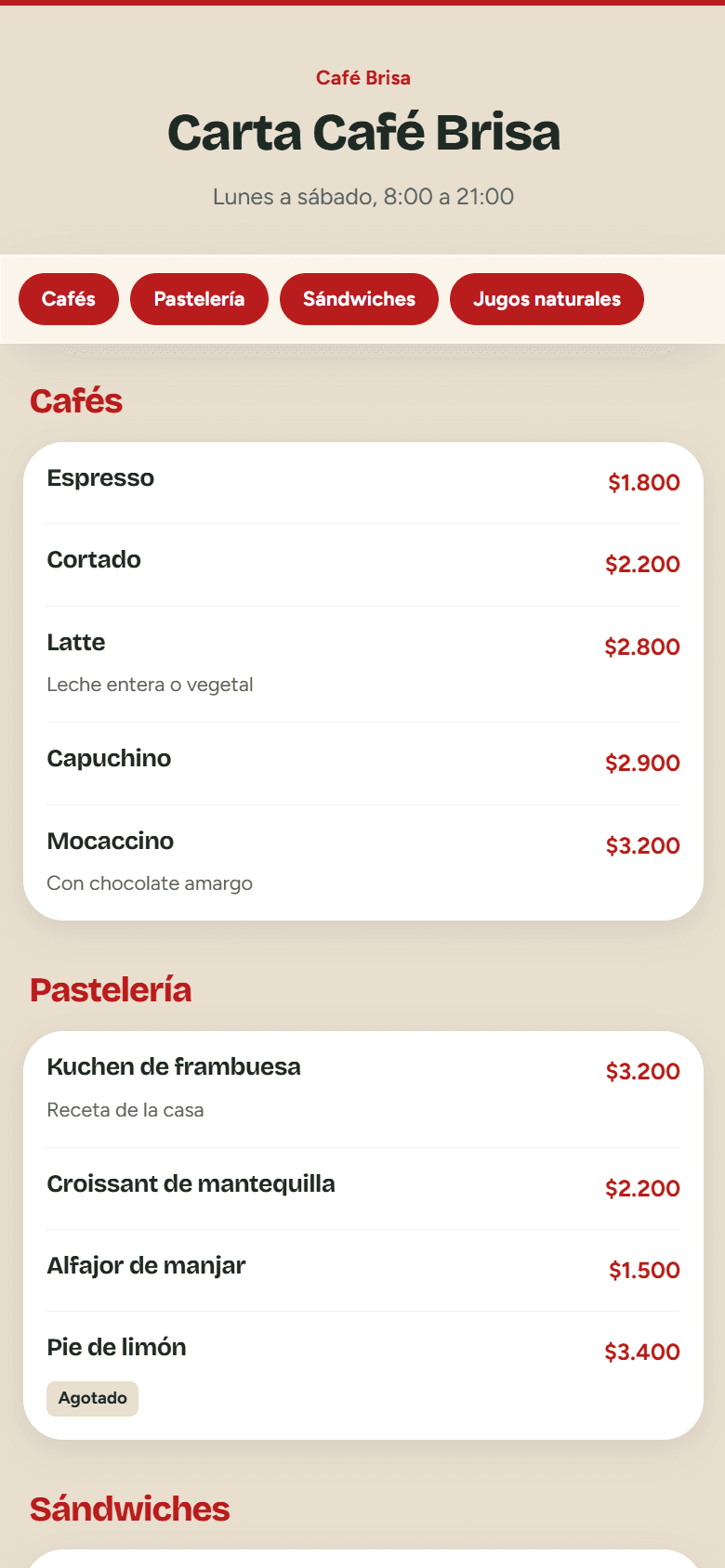 Menú digital en un celular